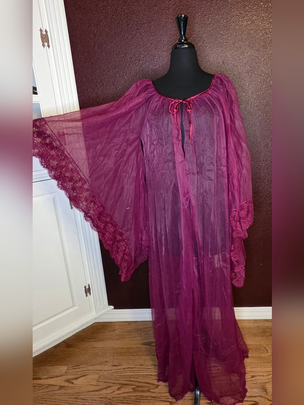 Vintage 60s/70s Sheer Burgundy Lace-Trim Robe - Women Intimates